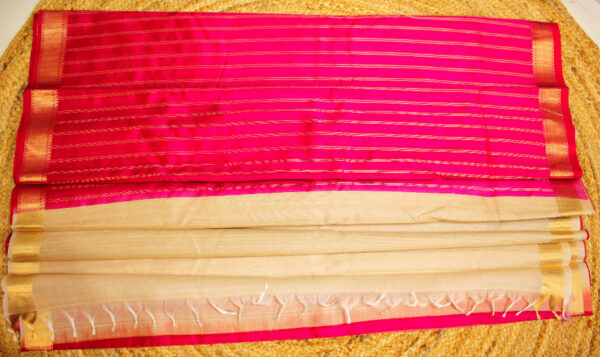 Rani Pink & Beige Vertical Stripes Pure Raw Silk Tussar Saree