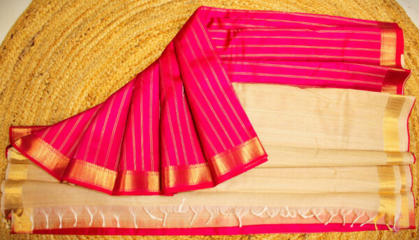 Rani Pink & Beige Vertical Stripes Pure Raw Silk Tussar Saree - Image 2
