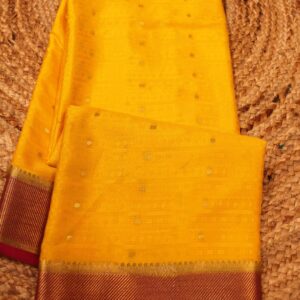 Mango Yellow & Rani Pink Mysore Crepe Silk Saree - Self Embossed with Zari Buttas