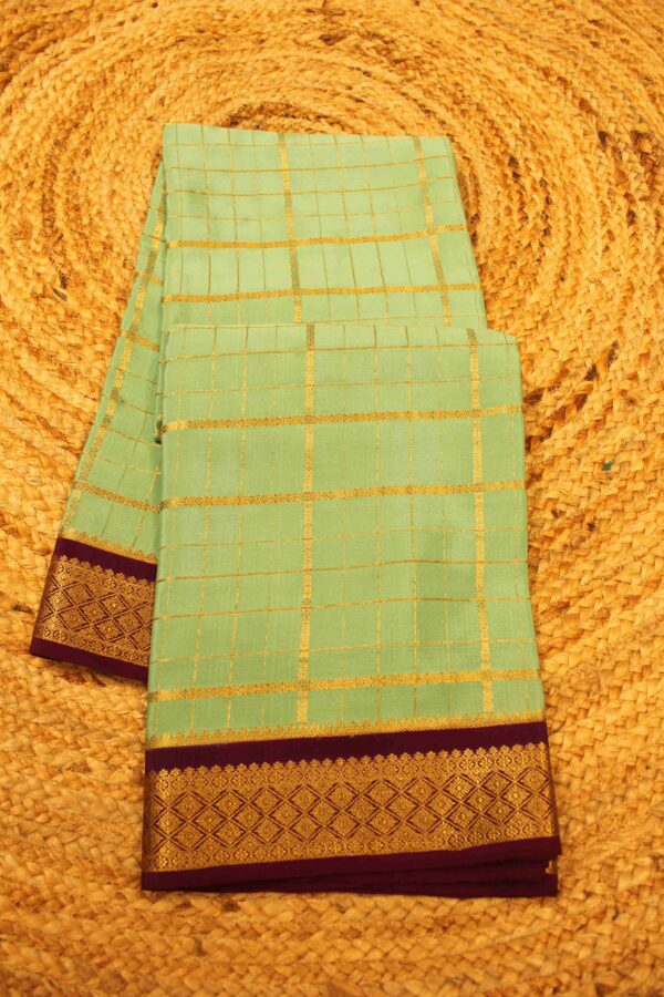 Mint Green & Purple Mysore Crepe Silk Saree - Multi Checks