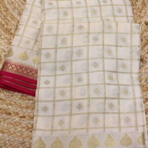 Beige & Rani Pink Mysore Crepe Silk Saree with Zari Checks & Buttas