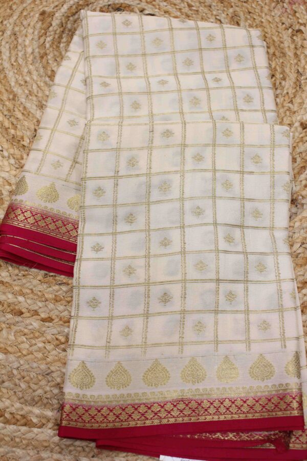 Beige & Rani Pink Mysore Crepe Silk Saree with Zari Checks & Buttas
