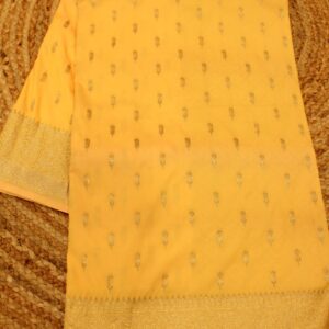 Yellow Zari Woven Floral Buttas Semi Katan Banaras Saree