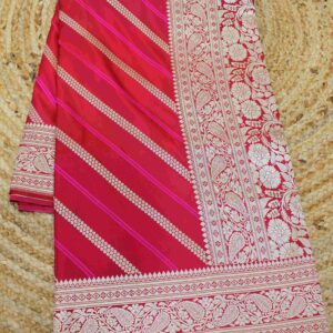 Fuchsia Pink Zari Woven Diagonal Floral Stripes Semi Katan Banaras Saree