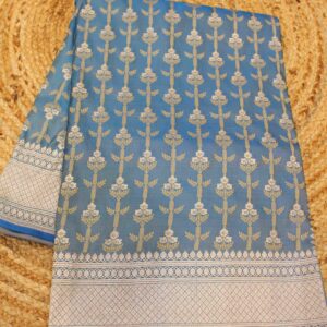 Blue Zari Woven Vertical Floral Stripes Semi Katan Banaras Saree