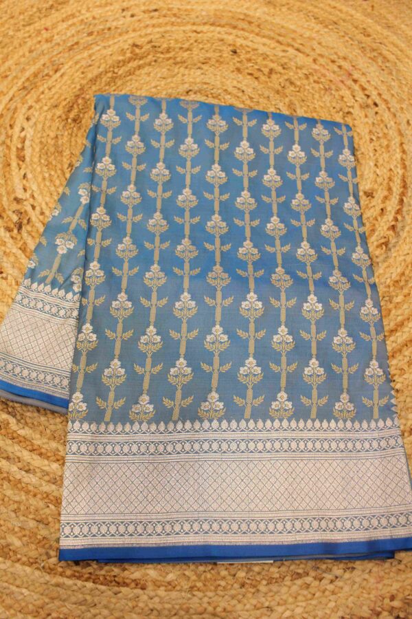 Blue Zari Woven Vertical Floral Stripes Semi Katan Banaras Saree