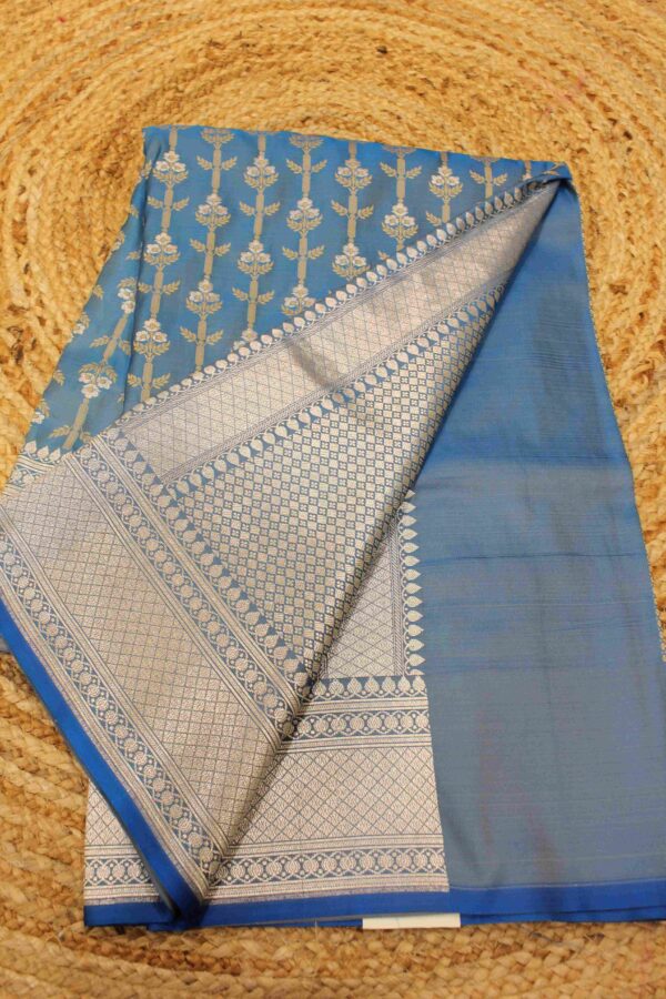 Blue Zari Woven Vertical Floral Stripes Semi Katan Banaras Saree - Image 3