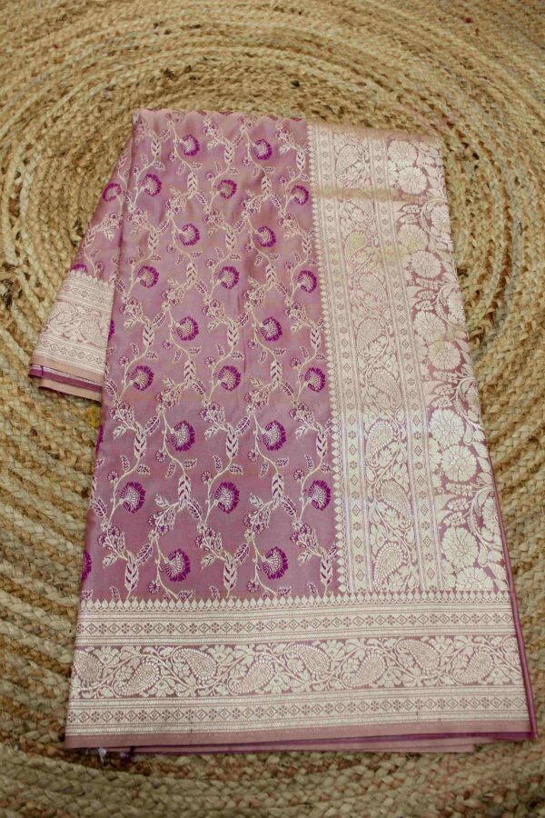 Onion Pink Zari Woven Jaal with Meenakari Semi Katan Banaras Saree