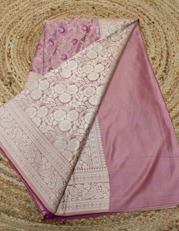 Onion Pink Zari Woven Jaal with Meenakari Semi Katan Banaras Saree - Image 3