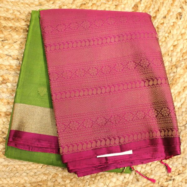 Mehendi Green & Magenta Big Border Pure Kanchi Saree - Image 2