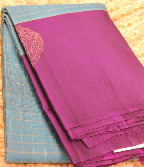 Teal Blue with Purple Checks Pure Kanchi Saree - Image 2