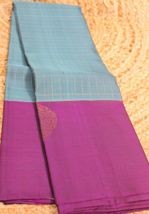 Teal Blue with Purple Checks Pure Kanchi Saree