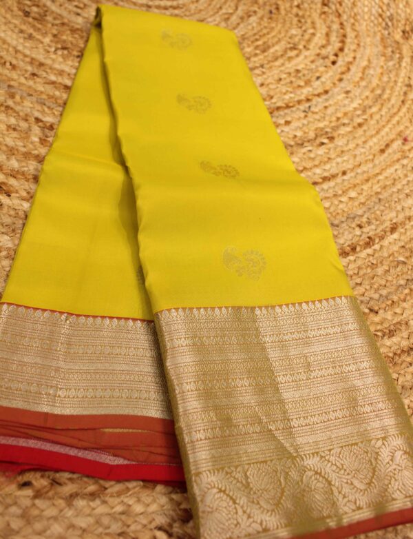 Greenish Yellow & Orange Kanchi Silk Saree with Big Border