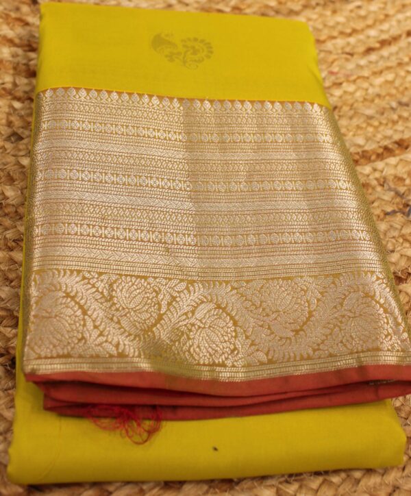 Greenish Yellow & Orange Kanchi Silk Saree with Big Border - Image 2