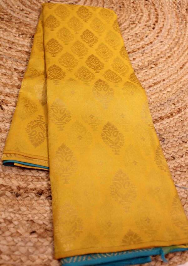 Yellow & Teal Zari Buttas Pure Kanchi Silk Saree - Image 2