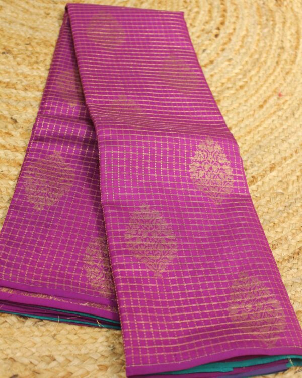 Purple & Green Zari Checks & Buttas Pure Kanchi Silk Saree - Image 2