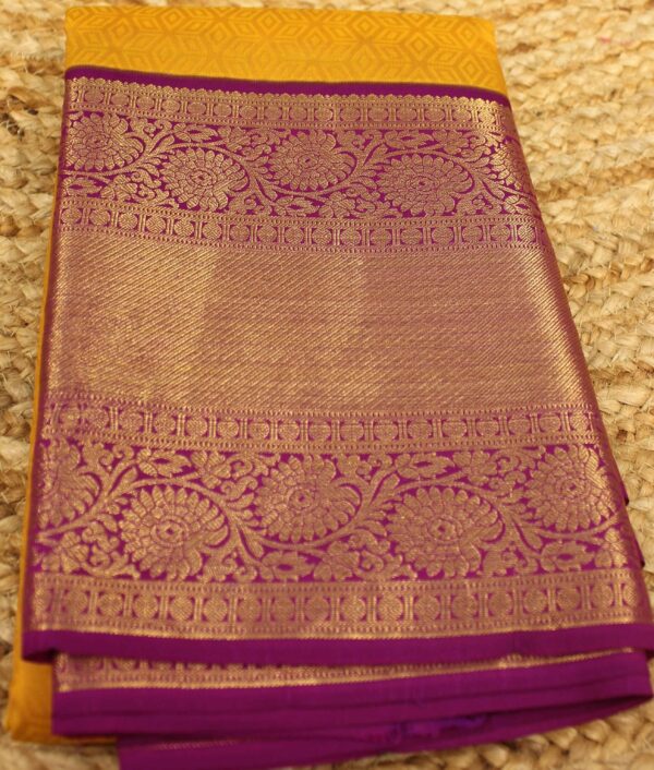 Mustard & Purple Big Border Self Embossed Pure Kanchi Silk Saree