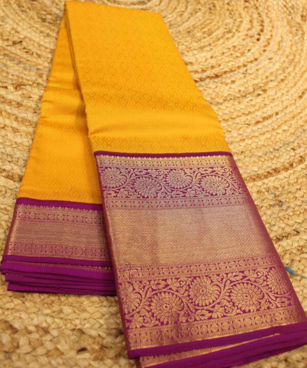 Mustard & Purple Big Border Self Embossed Pure Kanchi Silk Saree - Image 2