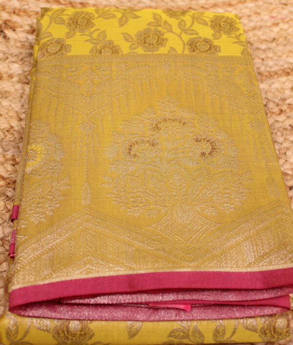 Golden Yellow & Pink Zari Brocade with Meenakari Pure Kanchi Silk Saree