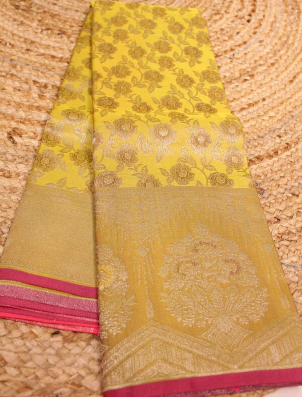 Golden Yellow & Pink Zari Brocade with Meenakari Pure Kanchi Silk Saree - Image 2