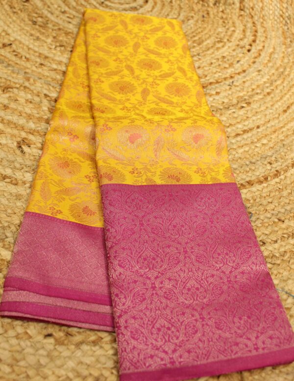 Yellow & Pink Zari Brocade with Meenakari Pure Kanchi Silk Saree - Image 2