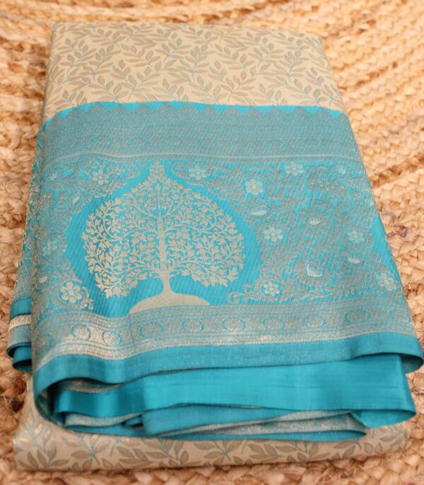 Beige & Ananda Blue Zari Brocade with Meenakari Pure Kanchi Silk Saree