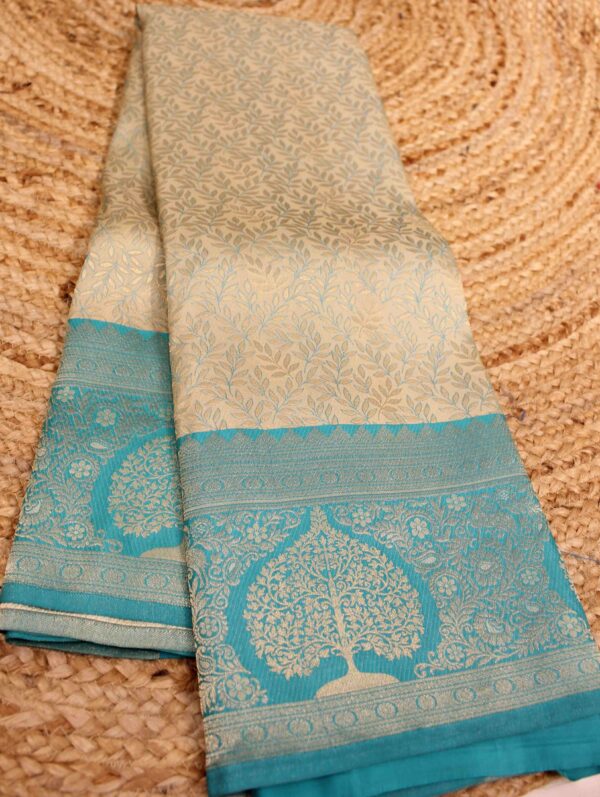 Beige & Ananda Blue Zari Brocade with Meenakari Pure Kanchi Silk Saree - Image 2