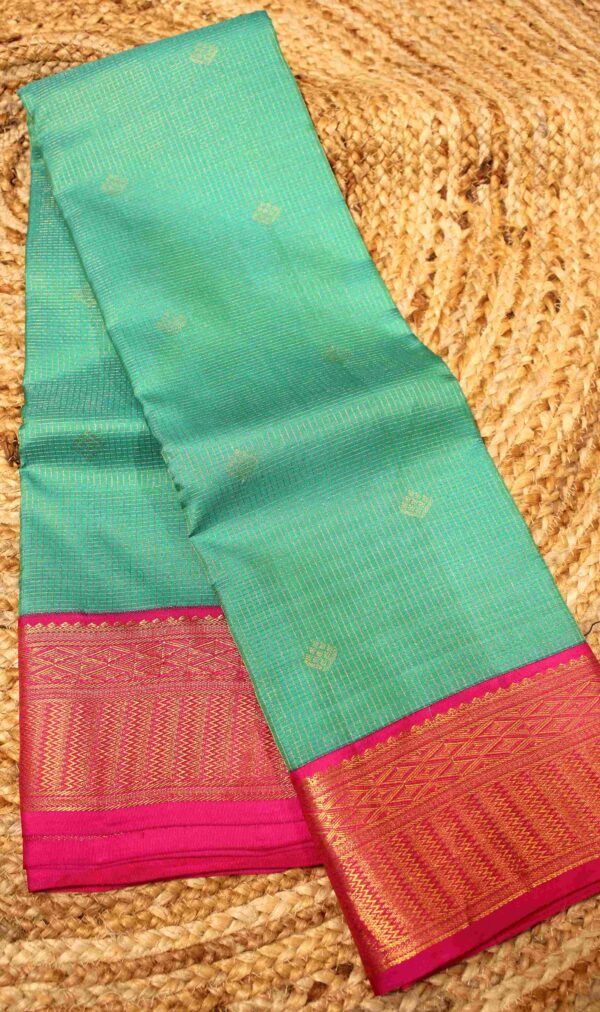 Rama Green & Rani Pink Zari Checks & Buttas Pure Kanchi Silk Saree - Image 2