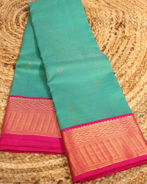 Rama Green & Rani Pink Zari Checks & Buttas Pure Kanchi Silk Saree - Image 3