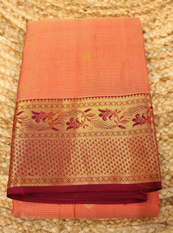 Peach & Purple Zari Stripes & Buttas Pure Kanchi Silk Saree