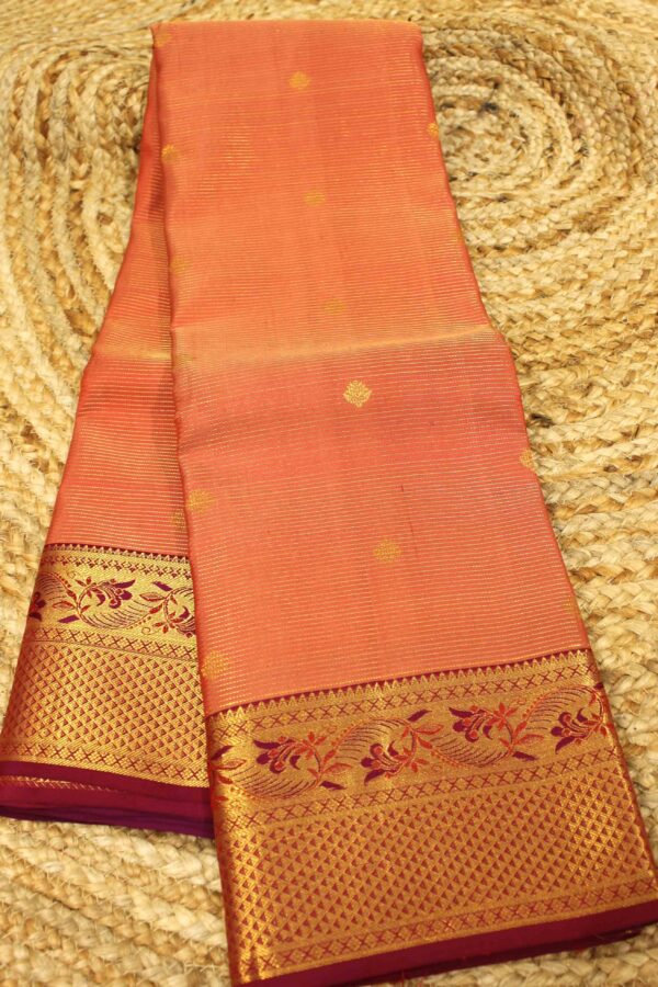 Peach & Purple Zari Stripes & Buttas Pure Kanchi Silk Saree - Image 2
