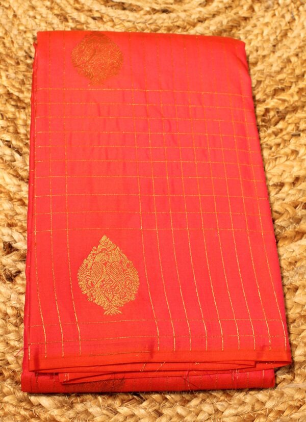 Pinkish Orange & Bottle Green Multiple Zari Checks & Buttas Pure Kanchi Silk Saree
