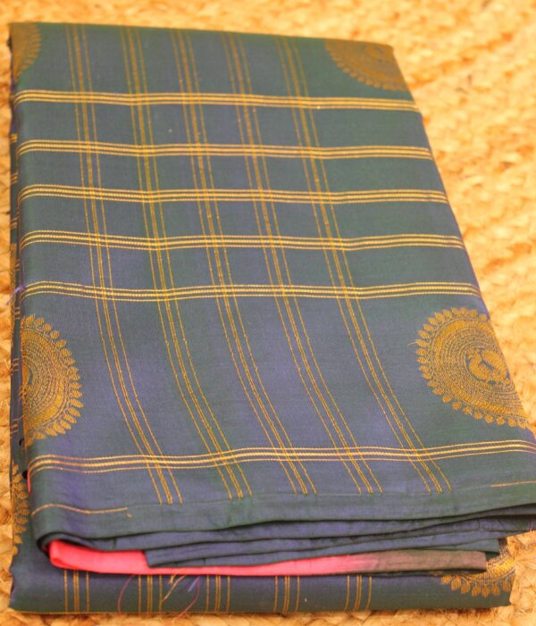 Peacock Blue & Pink Zari Multiple Checks & Buttas Pure Kanchi Silk Saree
