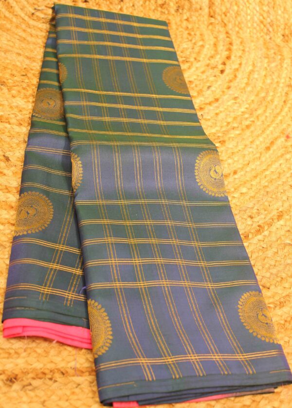 Peacock Blue & Pink Zari Multiple Checks & Buttas Pure Kanchi Silk Saree - Image 2