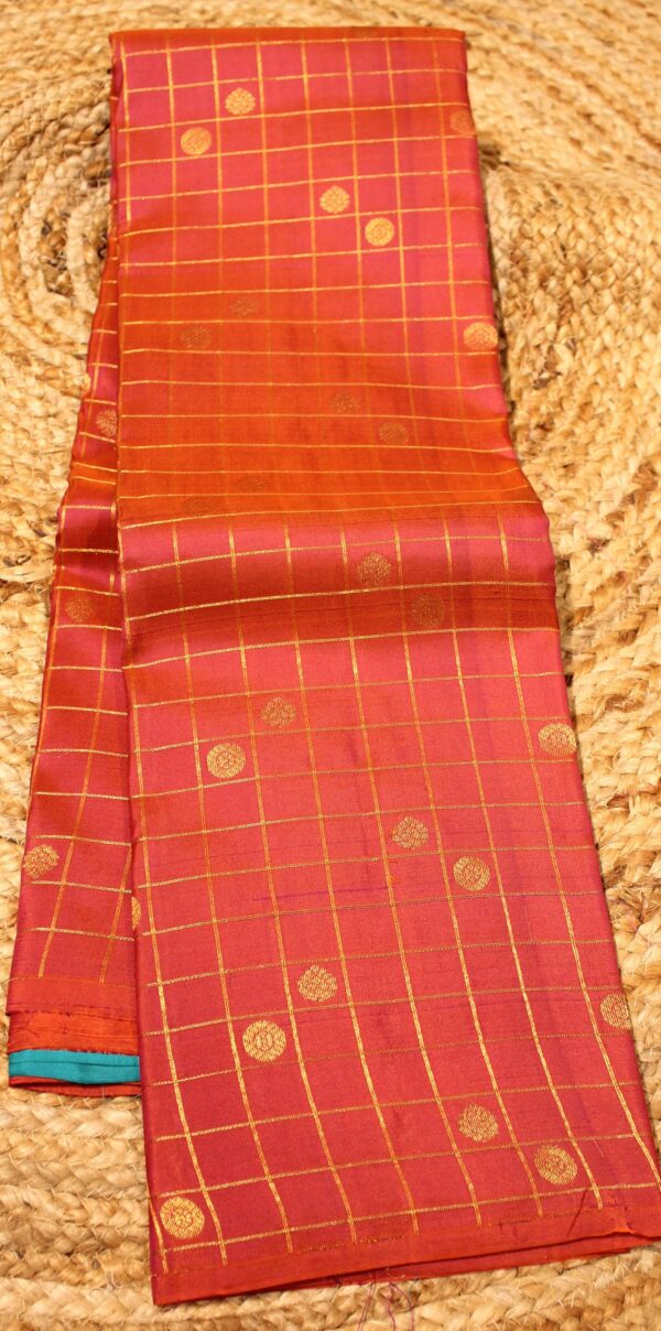 Rust Orange & Ananda Blue Zari Checks & Buttas Pure Kanchi Silk Saree - Image 2