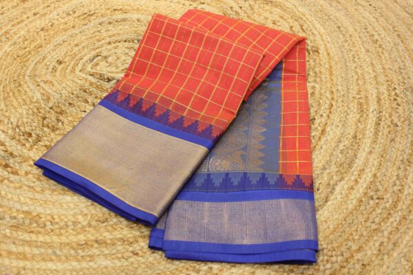 Zari Checks Tissue Temple Border Silk Cotton Saree - Image 2