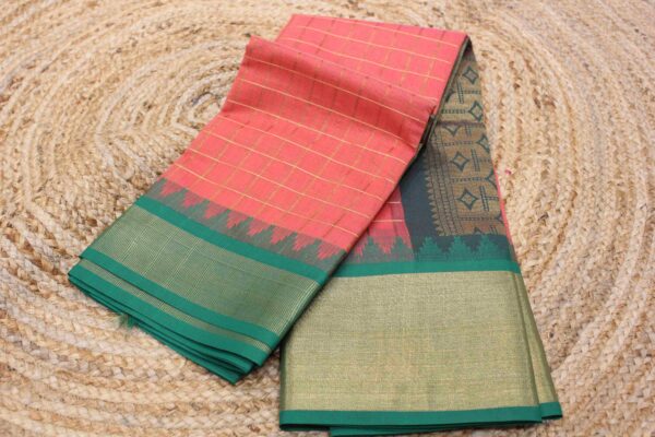 Zari Checks Tissue Temple Border Silk Cotton Saree - Image 3