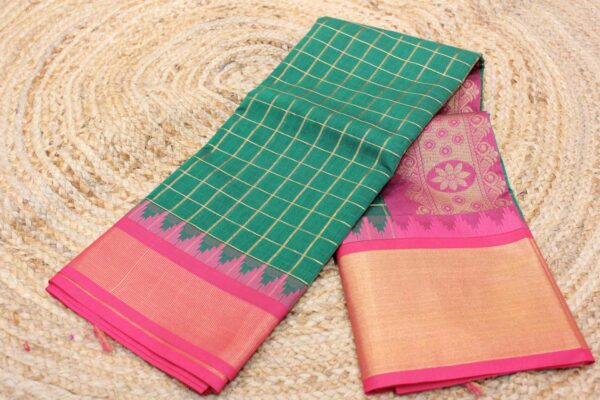 Zari Checks Tissue Temple Border Silk Cotton Saree - Image 4