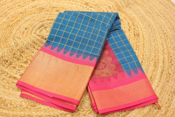 Zari Checks Tissue Temple Border Silk Cotton Saree - Image 5