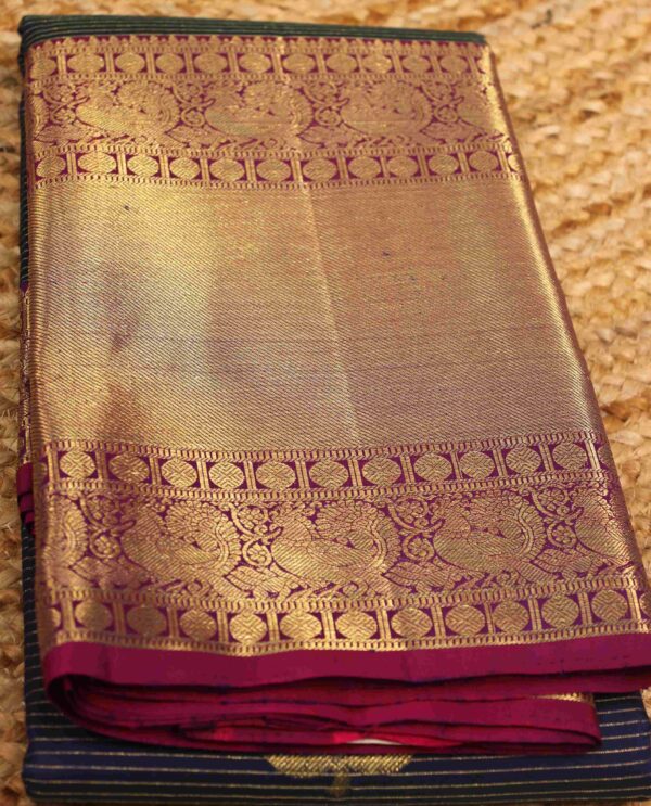 Peacock Blue & Purple Horizontal Stripes with Buttas & Big Border Pure Handloom Kanchi Silk Saree
