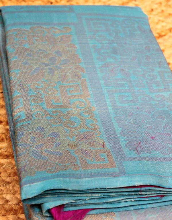 Blue & Purple Self Embossed with Zari Buttas Pure Handloom Kanchi Silk Saree