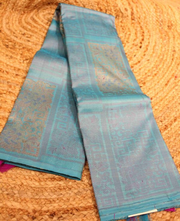 Blue & Purple Self Embossed with Zari Buttas Pure Handloom Kanchi Silk Saree - Image 2