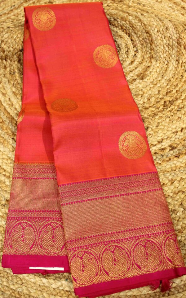Pinkish Orange & Rani Pink Big Border with Zari Buttas Pure Handloom Kanchi Silk Saree