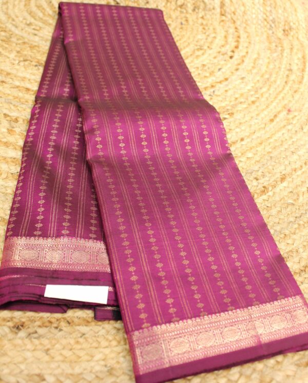 Royal Purple Vertical Zari Stripes & Buttas Pure Handloom Kanchi Silk Saree - Image 2