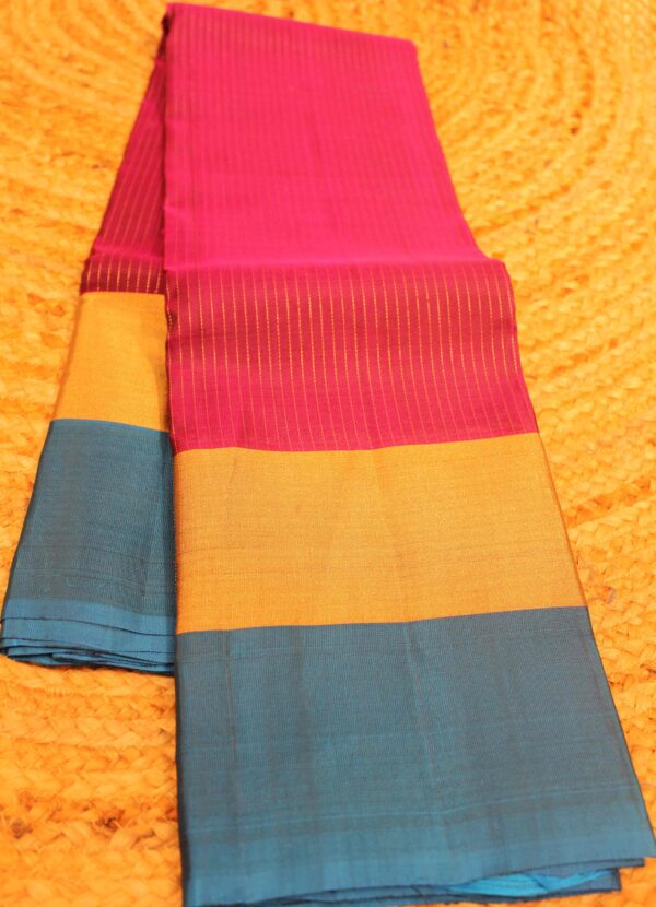 Purple & Ananda Blue Zari Stripes with Tissue Border Pure Kanchi Silk Saree - Image 2