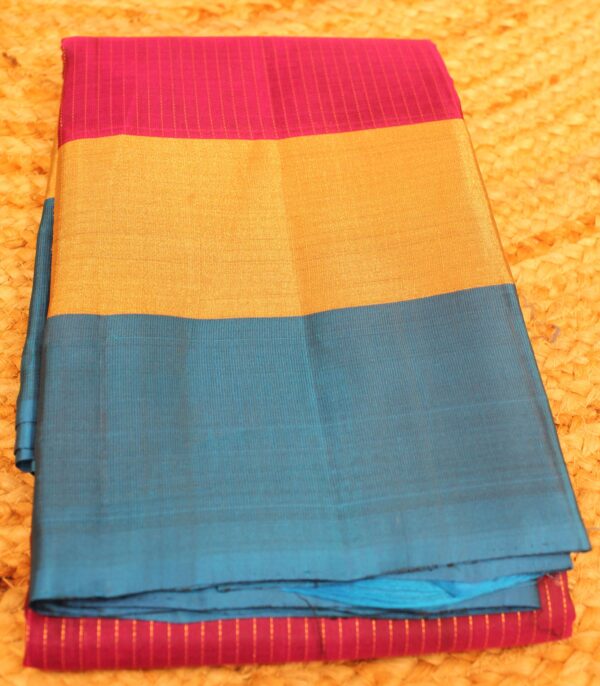 Purple & Ananda Blue Zari Stripes with Tissue Border Pure Kanchi Silk Saree