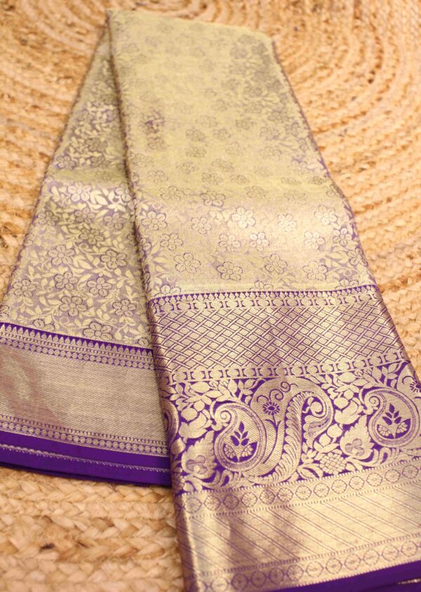 Purple Gold Zari Brocade Tissue Pure Kanchi Silk Saree - Image 3
