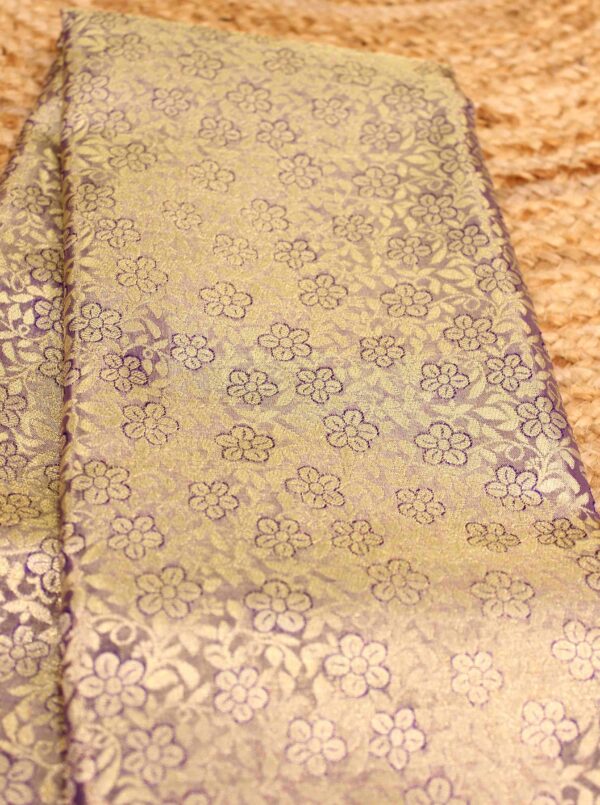 Purple Gold Zari Brocade Tissue Pure Kanchi Silk Saree - Image 4