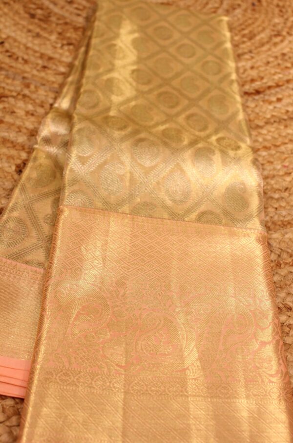 Peach and Baby Pink Gold Zari Brocade Tissue Pure Kanchi Silk Saree
