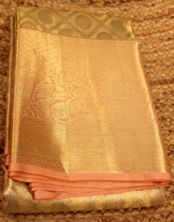 Peach and Baby Pink Gold Zari Brocade Tissue Pure Kanchi Silk Saree - Image 3